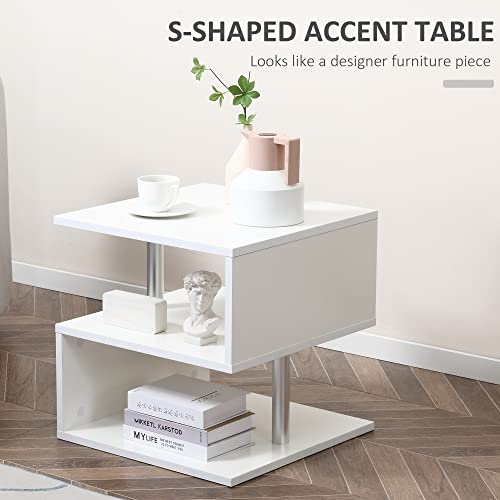 HOMCOM 20" Modern End Table, Accent Side Table, S-Shaped Coffee Table with Storage Shelf and Steel Poles, White - color: White
