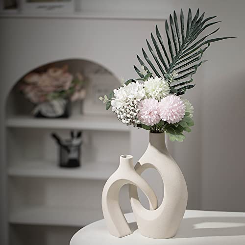 Levvohd XL Beige Ceramic Vase Set of 2 for Modern Home Decor, Eclectic Entryway Modern Boho Hollow Flower Vases for Living Room Bookshelf Dining Coffee Table Centerpiece (W 6.8" X H 11") - color: Beige - Xl Hollow