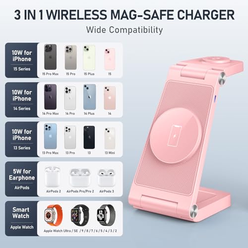 Magnetic Wireless Charger Stand, 3 in 1 Foldable Wireless Charging Station, Travel Charger for Multiple Devices for iPhone 16 15 14 13 12 Series, Apple Watch Ultra/SE/9/8/7/6/5/4/3/2, AirPods - color: Pink