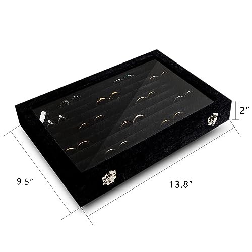 Frebeauty Rings/Earrings Organizer Tray with Clear Lid 10 Slots Velvet Drawer Insert Jewelry Storage box with Transparent Glass lid Jewelry Display Case Showcase Gift for Girls Women (Black, 10 Slots) - color: Black, size: 10 Slots