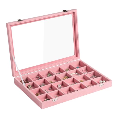 Frebeauty Jewelry Organizer Tray with Clear Lid 24 Grid Velvet Drawer Insert Jewelry Storage box with Transparent Glass lid Jewelry Display Case with Lock Gifts for Girls Women (Pink, 24 Grid) - color: Pink, size: 24 Slots