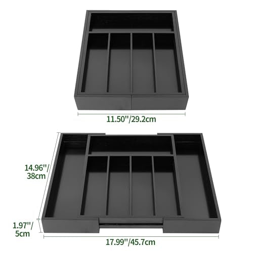 VaeFae Bamboo Drawer Organizer, Expandable Silverware Drawer Organizer, Cutlery Tray with Dividers for Kitchen Utensils (Black, Medium) - color: Black, size: Medium