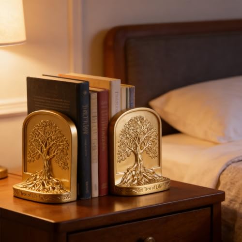 Tree of Life Bookends, Gold Resin Decorative Bookends for Shelves, Antique Style Book Ends Vintage Rustic Bookend, Heavy Bookends for Large Books, Sturdy Bookend Gift for Men Home Office - color: Gold