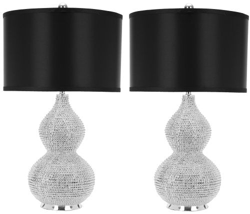 SAFAVIEH Lighting Collection Nicole Silver/Black Shade Beaded 25-inch Table Lamp Set of 2 with USB Charging Port (LED Bulbs Included) - color: Silver - with USB