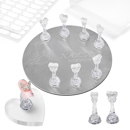 Nail Stands for Press On Nails Painting Display Practice, Powerful Magnetic Nail Tip Holders for Diy Design, Heart Nail Art Stand with 200 PCS Double-Sided Tapes Home Salon Use (Silver) - color: Silver, size: Medium