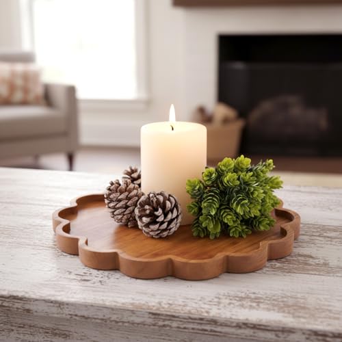 BreezeHug Brown Decorative Serving Tray Wood 12.6 Inch Scalloped Serving Tray Round Wooden Display Plate with Scalloped Borders for Coffee Table Living Room Bedroom Entryway Decoration - color: Brown