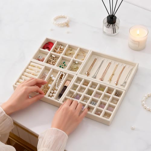 Velvet Jewelry Drawer Storage Tray, Set of 4 Stackable Drawer Organizer, Multifunctional Jewelry Display Organizer, Storage Box for Earrings, Rings, Necklaces, Bracelets, Brooches, Watches - color: ZH-Beige