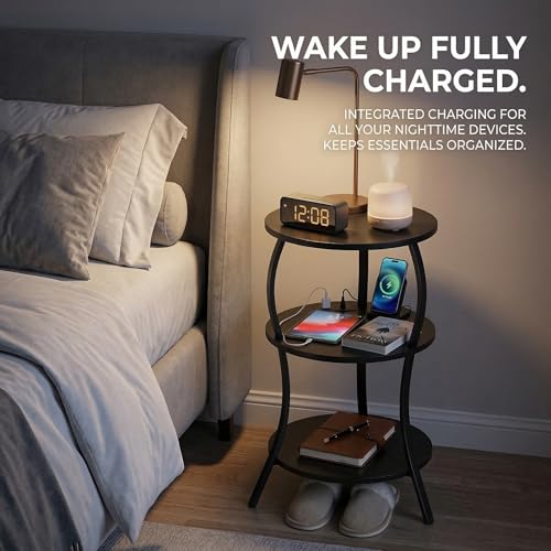 Small Round Side Table with Charging Station, 3-Tier Waist Circular End Table with Storage Shelf, Compact Tea Sofa Side Table Small Spaces, Round Corner Coffee Table for Living Room Bedroon,Black - color: Black, style: USB Charger
