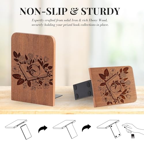 Wood Bookends, Book Ends for Shelves with Decorative Alphabet A and Z Design - Heavy Duty Iron & Ebony Wood Book Ends for Shelves Bookcase Desk - 1 Pair - C - color: C