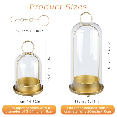 Fohil 5" & 4" Hurricane Glass Candle Holders, Set of 2 Metal Candle Holder with Handmade Sturdy Glass Dome, Candle Lantern for Pillar Candles, Plants, Table Centerpiece, Home Decor