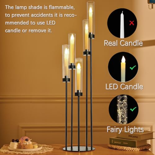 39.8''Matte Black Candle Holder with Acrylic Shades Tall 5 Arm Candelabra Black Table Centerpiece for Wedding Living Dining Room Fireplace Decoration Fit 0.98''LED Taper Candle - color: Black, size: 4pcs