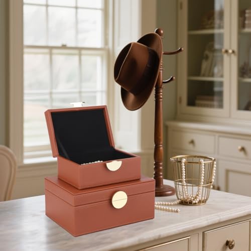 HofferRuffer Faux Leather Jewelry Boxes, Decorative Boxes Storage Accessory Organizer with Gold Hardware Decor, Classic Vegan Leather Set of 2 Pieces (Brown) - color: Brown