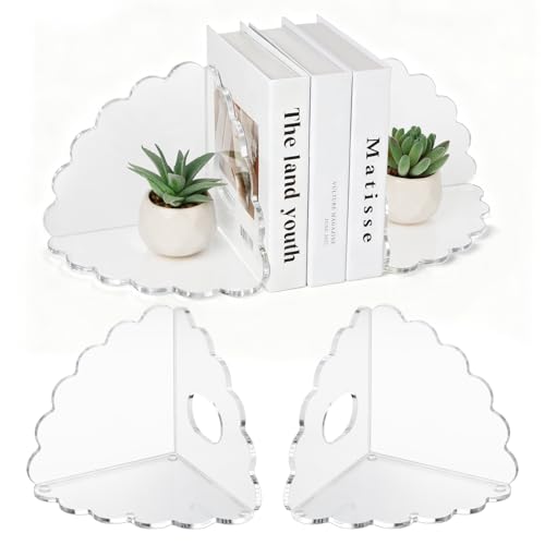 Scalloped Acrylic Bookends 4 Pack, Heavy Duty Clear Book Holder Stands with Non-Slip Pads for Large Books, Files, CDs & Games, Modern Shelf & Office Organizer - color: 4 Pcs
