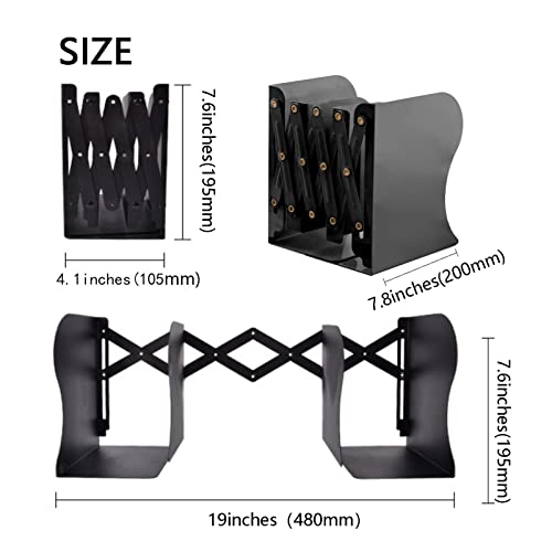 Adjustable Metal Bookends Heavy Duty for Shelves, 2 Dividers, Anti-Slip Design Expandable Book Ends for Desk, Office(Black, 19 inches Max) - color: Black