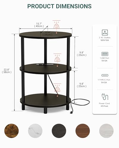 Small Round Side Table - 3-Tier Oval Accent Table for Small Spaces, Rustic Wood and Metal Nightstand for Living Room or Bedroom, Built-in USB Ports and Power Outlet, Charcoal Wenge - color: Charcoal Wenge, size: 1-Pack, style: Includes Power Outlets