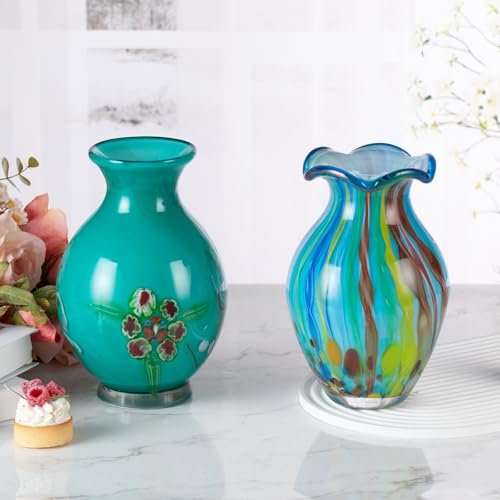 KAMMAK Colored Glass Vase, Beautiful Hand Blown Decorative Vase, Modern Art Vase for Flower Mantle Dining Table Centerpiece, Entryway Living Room Wedding Decoration (JG2057) - style: JG02057