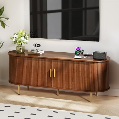 DHH 55 Inch Mid Century Modern TV Stand with Power Outlet for TVs up to 60 Inch, Entertainment Center with Storage and Adjustable Shelves, Media Console with Sliding Doors for Living Room(Walnut) - color: Walnut, size: 55 Inch