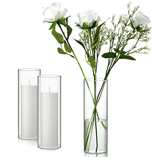 Didaey 3 Sets White Pillar Candles and Glass Candle Holders, Clear Cylinder Vases for Slim Pillar Candles Wedding Centerpieces