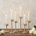Ronasip Hurricane Candle Holders Set of 6, Matte Gold Metal Taper Candlestick Holders with Clear Glass Chimney Cylinder Tubes, Tall Candle Stands for Wedding, Christmas, Dining Table Centerpiece Decor