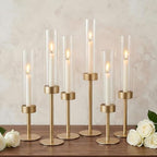 Ronasip Hurricane Candle Holders Set of 6, Matte Gold Metal Taper Candlestick Holders with Clear Glass Chimney Cylinder Tubes, Tall Candle Stands for Wedding, Christmas, Dining Table Centerpiece Decor