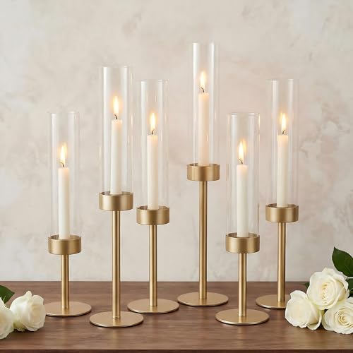 Ronasip Hurricane Candle Holders Set of 6, Matte Gold Metal Taper Candlestick Holders with Clear Glass Chimney Cylinder Tubes, Tall Candle Stands for Wedding, Christmas, Dining Table Centerpiece Decor