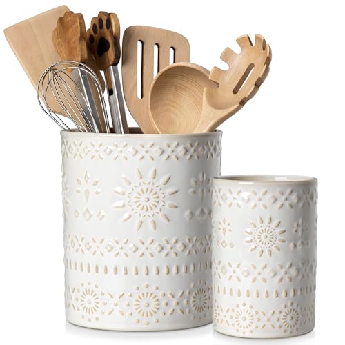 LOVECASA Utensil Holder, 7.2"+5.4" Ceramic Utensil Holder for Countertop, Large Cooking Utensil Crocks for Kitchen Counter, Farmhouse Utensil Vase for Housewarming, Kitchen Decor, Set of 2, Oasis - color: Oasis, size: 7.2"+5.4" (Set of 2)