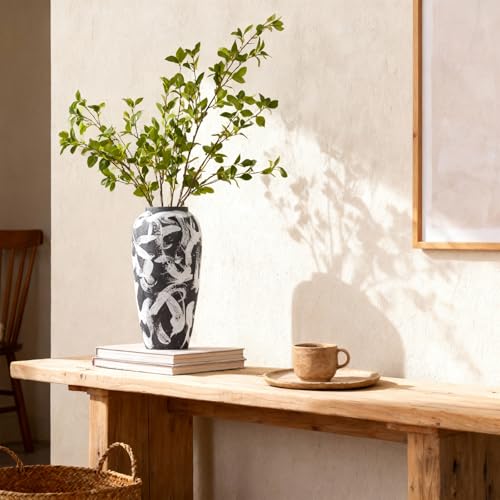 Rustic Ceramic Vase 13.8", Large Black Ceramic Vase with White Abstract Pattern, Matte Tall Floor Vase for Living Room Entryway Kitchen, Black Vases for Centerpieces, Water Friendly Decor - color: Black and White, size: 13.8in