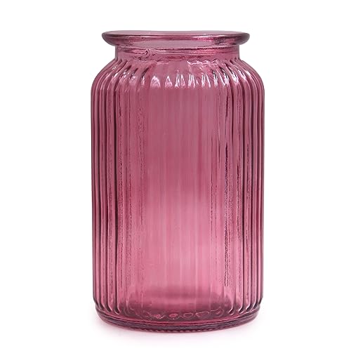 OFFIDIX Glass Vase,7.3 * 4.3in Vertical Line Geometric Faceted Design Flower Vase - color: Wine Red
