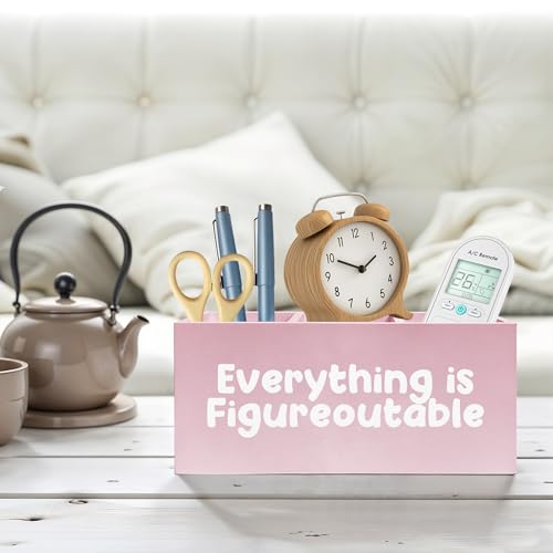 Everything Is Figureoutable Makeup Brush Toothbrush Holder, Preppy Coquette Pink Wooden Pen Pencil Holder Organizer for Dorm Bedroom Desk Accessories, Inspirational Gifts for Women - color: Color-Desk accessories pink 19