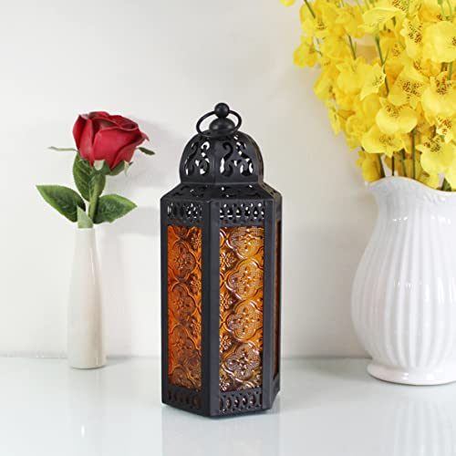 CVHOMEDECO. Decorative Candle Lantern Moroccan Lanterns Vintage Black Metal Lantern Holder for Home Patio Outdoor Decor. Amber Glass, Medium - color: Amber