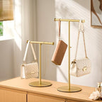niffgaff 2 Pack 15‘’-24‘’ T Bar Purse Display Stand Tabletop: Adjustable Height Handbag Holder, Countertop Hanging Rack for Long Necklace Scarf Lanyard, Gold - color: Gold