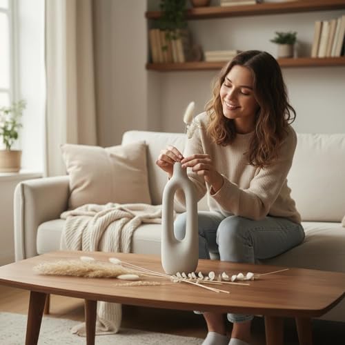 12 inch Tall Ceramic Flower Vase for Dried Flowers, Modern Sculptural Farmhouse Vase with Oval Cutout, Skinny Beige Centerpiece for Home Office and Wedding Decor - color: Beige a