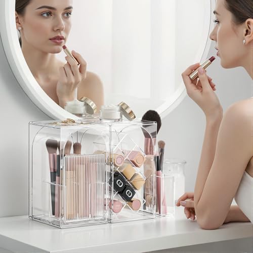 INVSSENE Stackable Makeup Organizer Countertop, Storage Perfume Skincare Cosmetic Lipstick Face Mask Makeup Brush Palettes, Ideal for Vanity Bathroom Counter - color: 3513 Clear