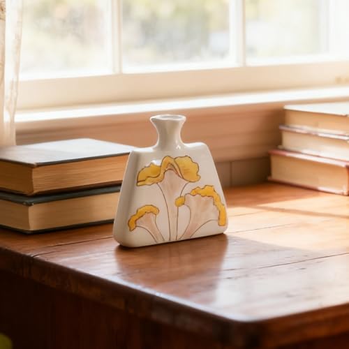 Modern Ceramic Flat Vase - 6.1" Small Decorative Flower Vase with Yellow Botanical Pattern - Boho Minimalist Home Decor for Bookshelf, Mantle & Desk