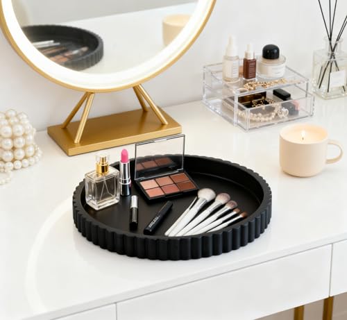 Concrete Decorative Tray for Coffee Table Tray Decor - Charcoal Black Round Decorative Tray - Circle Fluted Centerpiece Tray - Bandejas Decorativas - Water-Proof & Heavy-Duty