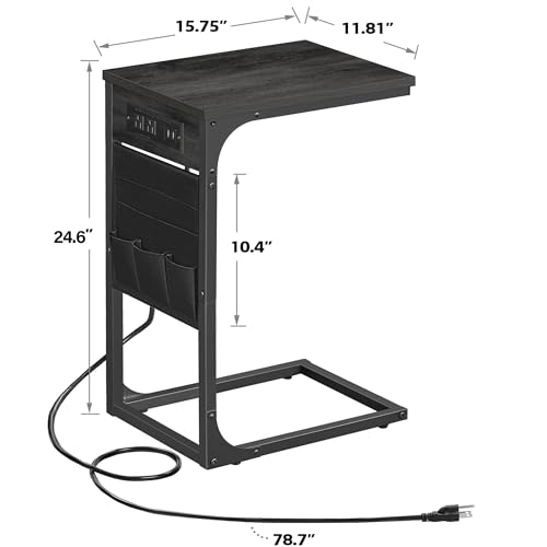 TUTOTAK C Shaped End Table with Charging Station, Side Table for Sofa, Couch Table with Storage Bag, TV Tray Table with 2 USB Ports and Outlets for Living Room, Bedroom, TB01BY024 - color: Grey, size: 1 Pack (11.8"W), style: With Plug