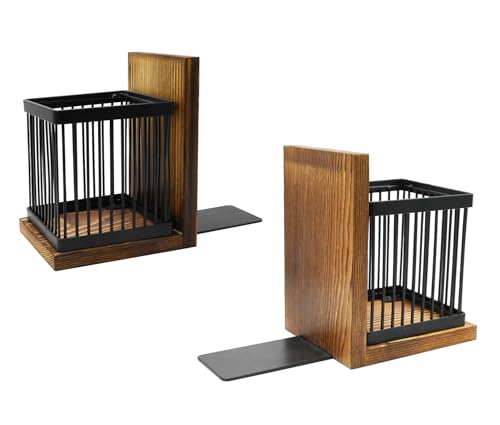 Owlgift Rustic Burnt Wood Decorative Bookends for Heavy Books with Matte Black Metal Wire Basket Pencil Holder and Office Supplies Storage Baskets Bins for Home, Office, Classroom, Dorm Room