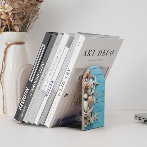 Seashells Summer Starfish L-Shaped Book Ends 1 Pair Wood Bookends Book End Supports for Heavy Book Shelf Holder Home Decorative - color: Seashells Summer Starfish