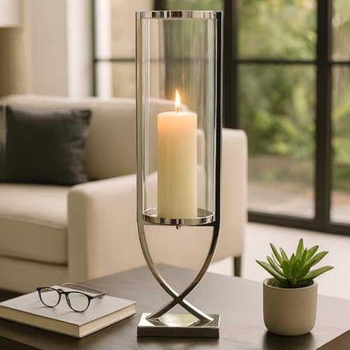 Contemporary Metal and Glass Hurricane Candle Holder - Decorative Pillar Candlestick Holder for Table Centerpiece - Elegant Home Decor Accents for Any Special Occasion Decoration - 27" Silver - color: Silver, size: 27"