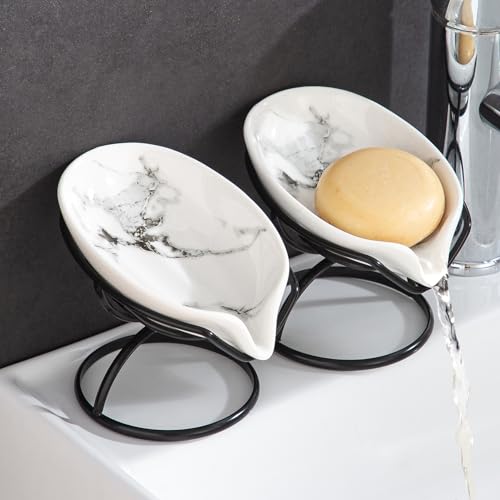 Dobbyby Leaf-Shaped Soap Dish – Ceramic Soap Bar Holder with Self-Drainage System – Bar Soap Holder for Shower, Bathroom Sink, Kitchen – Soap Dish with Stainless Steel Stand (White-Black-2 Pack) - color: White-black-2 Pack