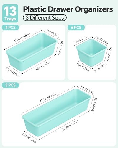 Canfanni 13 Pack Plastic Drawer Organizers Set, 3 Sizes Desk Drawer Organizer Trays for Vanity and Makeup Organizer, Organization and Storage for Makeup, Kitchen Utensils, Bathroom and Office(Blue) - color: Blue