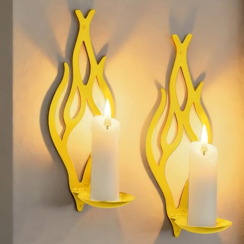 Wall Candle Sconces Set of 2, Modern Minimalist Metal Candle Holders for Pillar, Tealight, and LED Candles, Flame-Shaped Decorative Wall Decor for Living Room Dining Room (Golden Yellow) - color: Golden Yellow Flame-shaped