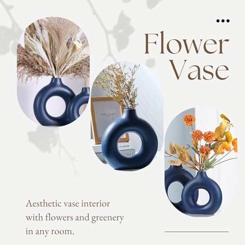 Blue Ceramic Donut Vase Set of 2, Hollow Round Matte Pampas Flower Vases for Boho Home Wedding Party Room Dinner Table Shelf Decor.（Blue） - color: Blue, size: Donut Set of 2