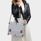 Joligrace Extra Large Makeup Train Case 6 Tray Make Up Artists Organizer Box Lockable Cosmetic Jewelry Toiletries Carrier Crafters Tool Cases with Adjustable Dividers & Shoulder Strap - Silver - color: Silvery White