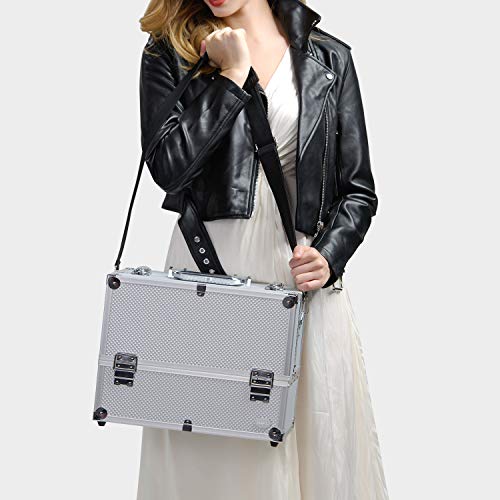 Joligrace Extra Large Makeup Train Case 6 Tray Make Up Artists Organizer Box Lockable Cosmetic Jewelry Toiletries Carrier Crafters Tool Cases with Adjustable Dividers & Shoulder Strap - Silver - color: Silvery White
