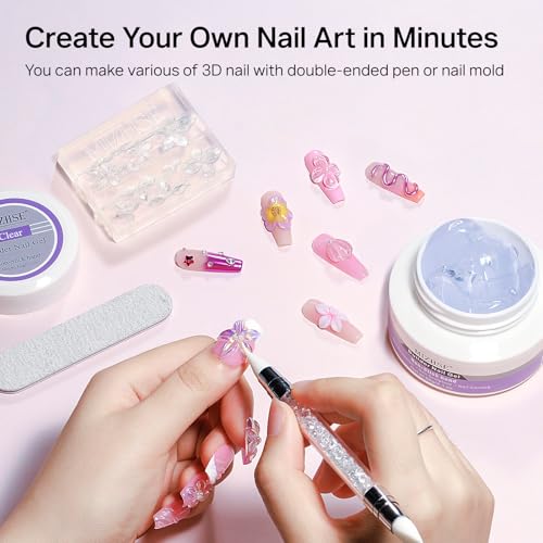 MIZHSE 3D Gel Nail Art Sculpting Gel, 60g Large Capacity Non-Sticky Clear Solid Builder Gels for Nails, Molding Hard Gels for Nail Art Charms, U V LED, with Gold Chrome Powder & Silicone Flower Mold - color: 0-0-Clear