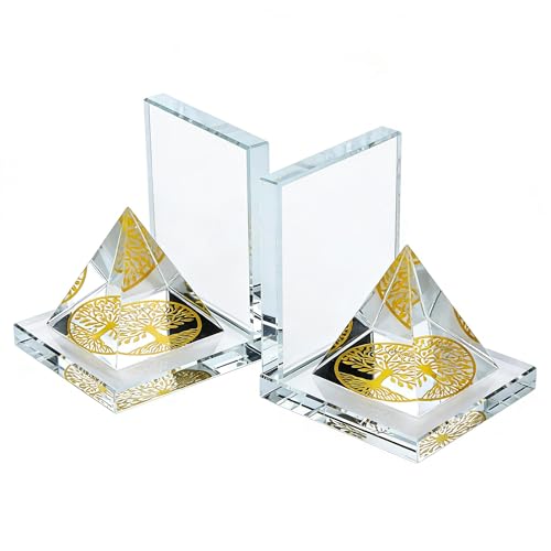 Crystal Bookends for Shelves 1 Pair, Glass Decorative Book Ends for Heavy Books, Non-Skid Book Stopper for Home Office School Supplies - color: Pyramid-tree of Life