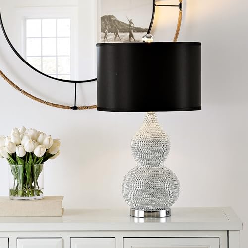 SAFAVIEH Lighting Collection Nicole Silver/Black Shade Beaded 25-inch Table Lamp Set of 2 with USB Charging Port (LED Bulbs Included) - color: Silver - with USB