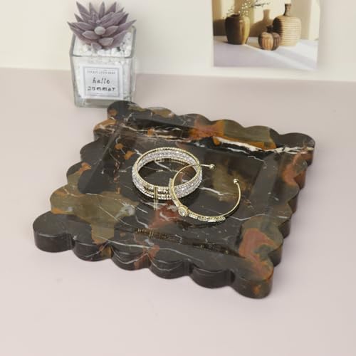Square Marble Decorative Tray with Scalloped Edge, Luxury Natural Stone Bathroom Vanity Tray, Dresser Top Perfume Coffee Home Kitchen Sink Tray, Key Trinket Ring - color: Black Golden