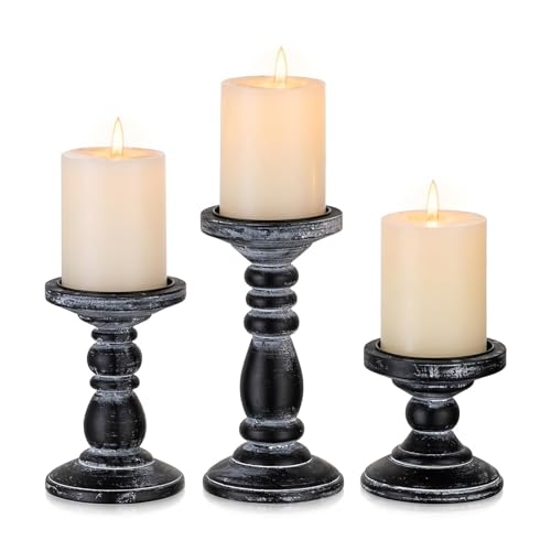 Wood Pillar Candle Holder: 3Pcs Rustic Black Candle Holders for Pillar Candles Wood Candle Holders Distressed Wooden Farmhouse Candle Holder Large Rustic Candle Holder for Fireplace Table - color: Black, size: 3.94", 5.9", 7.87"